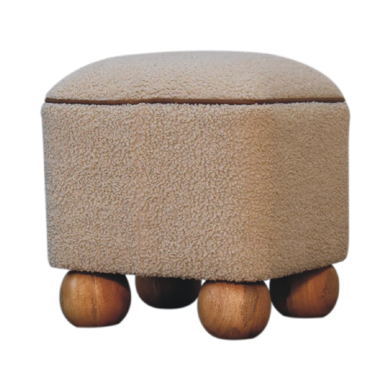 Solid Mango Wood Oak Finished Boucle & Leather Upholstered Serenity Footstool with Ball Feet - Image 3
