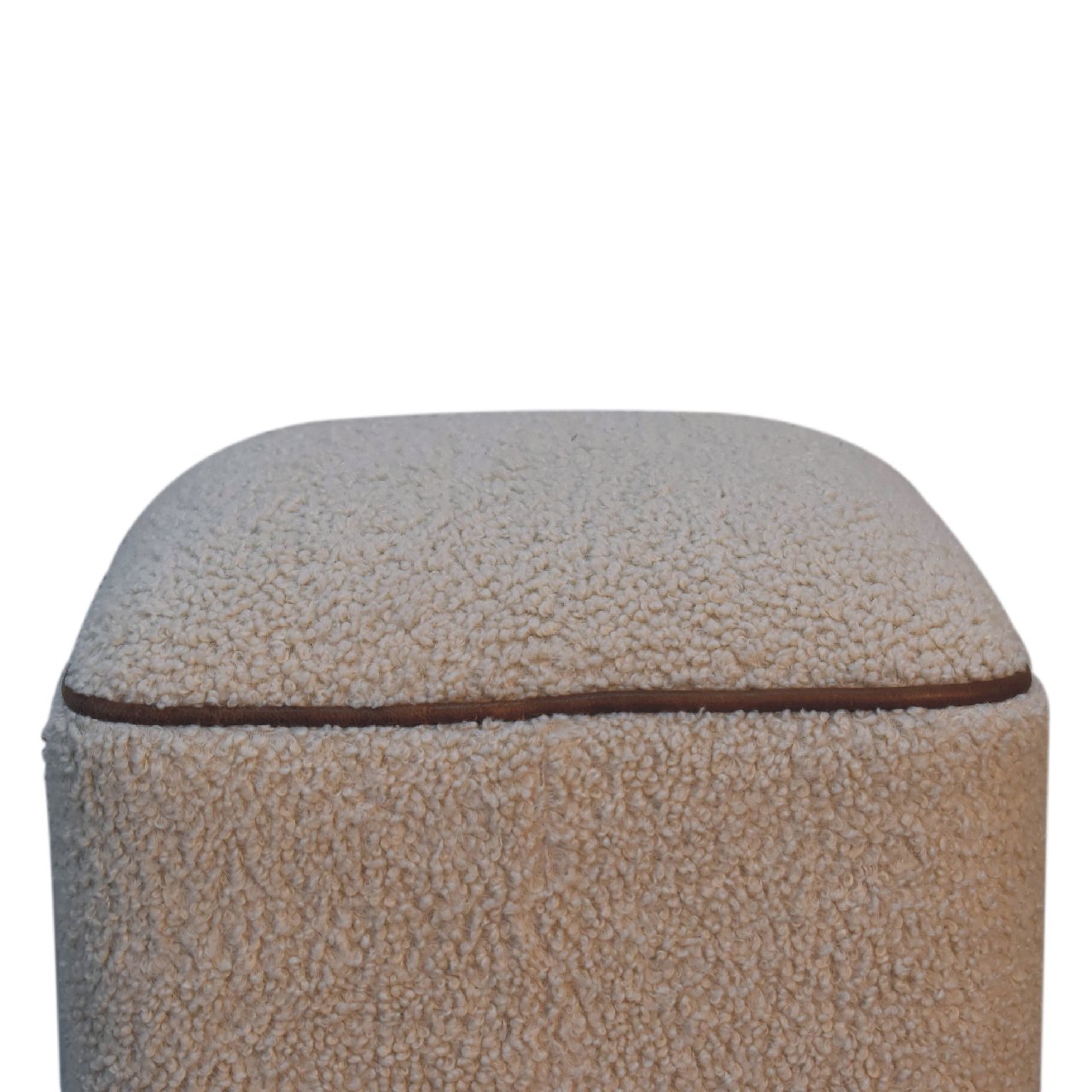 Solid Mango Wood Oak Finished Boucle & Leather Upholstered Serenity Footstool with Ball Feet - Image 4
