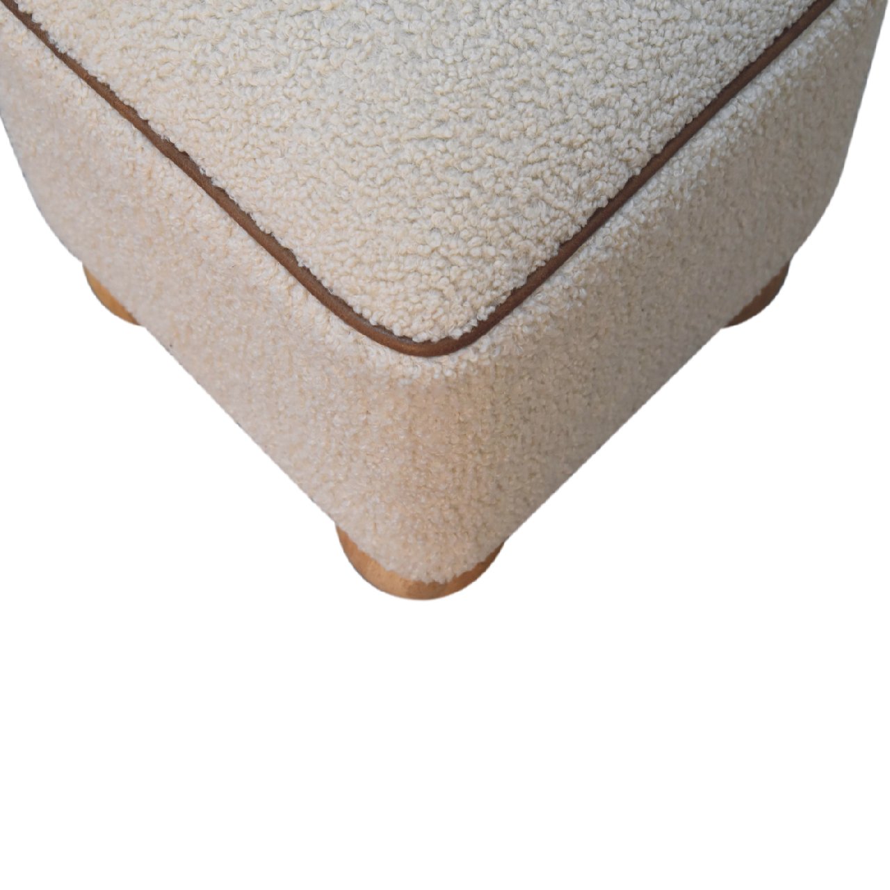 Solid Mango Wood Oak Finished Boucle & Leather Upholstered Serenity Footstool with Ball Feet - Image 5