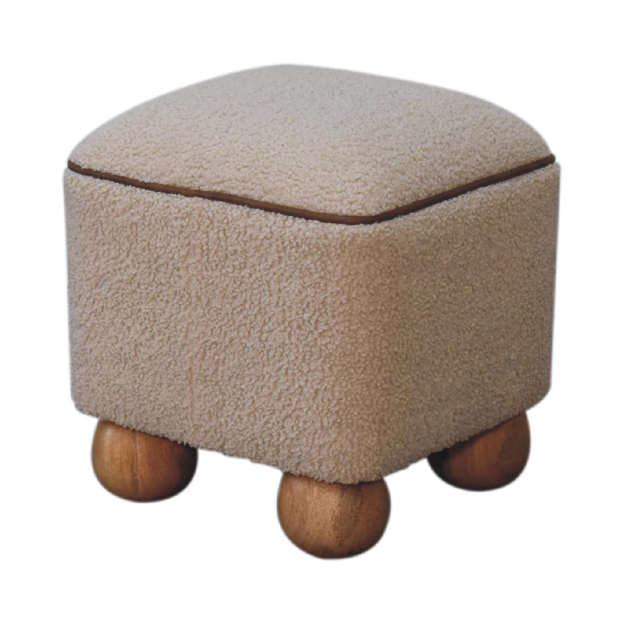 Solid Mango Wood Oak Finished Boucle & Leather Upholstered Serenity Footstool with Ball Feet - Image 6