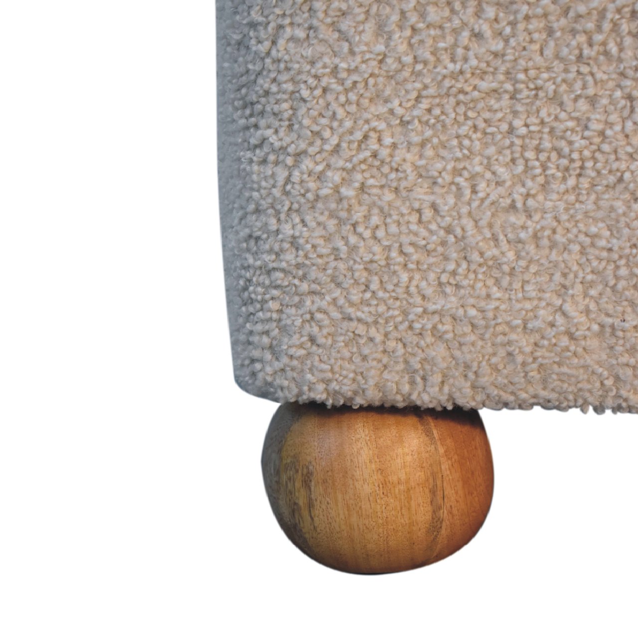 Solid Mango Wood Oak Finished Boucle & Leather Upholstered Serenity Footstool with Ball Feet - Image 8