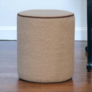 Solid Mango Wood Boucle Upholstered with Leather Trim Serenity Round Stool