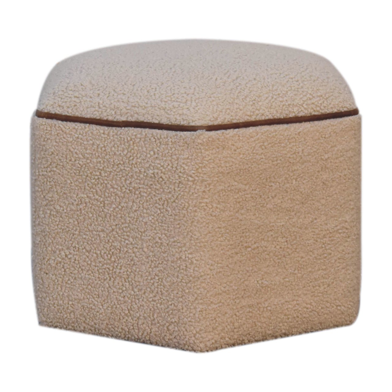 Solid Mango Wood Boucle Upholstery with Leather Trim Finish Serenity Hexagonal Stool - Image 2