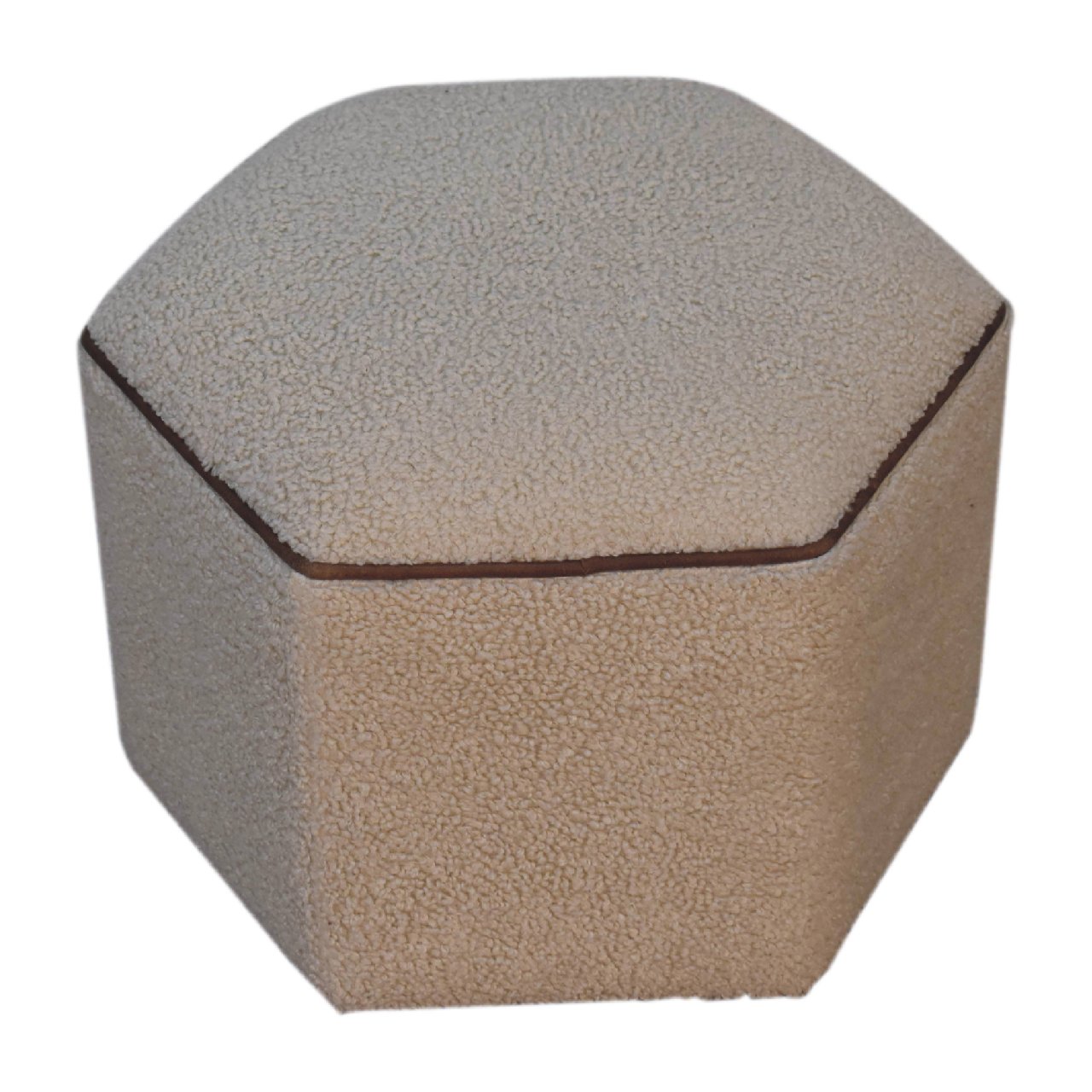 Solid Mango Wood Boucle Upholstery with Leather Trim Finish Serenity Hexagonal Stool - Image 4