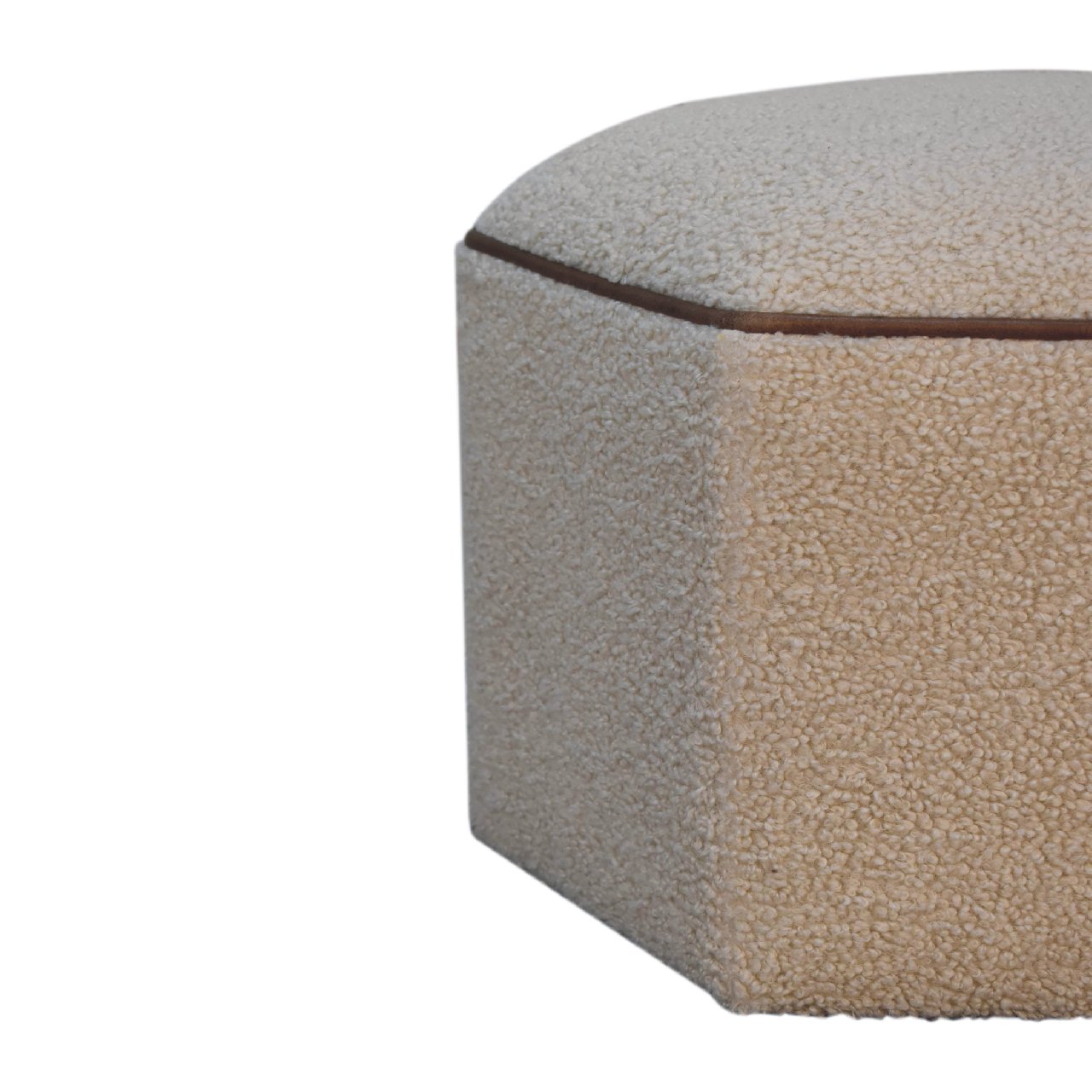 Solid Mango Wood Boucle Upholstery with Leather Trim Finish Serenity Hexagonal Stool - Image 5