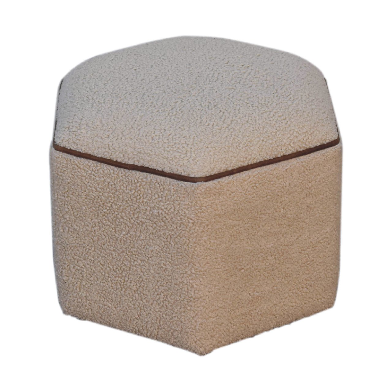 Solid Mango Wood Boucle Upholstery with Leather Trim Finish Serenity Hexagonal Stool - Image 7