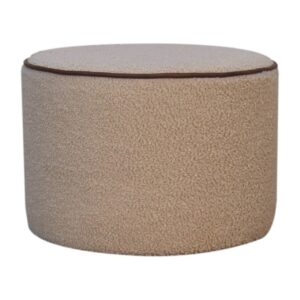 Solid Mango Wood Boucle with Leather Piping Large Round Stool