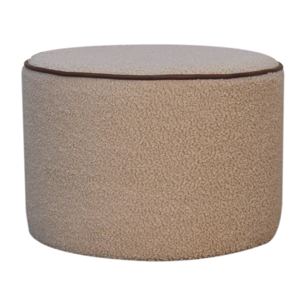 Solid Mango Wood Boucle with Leather Piping Large Round Stool
