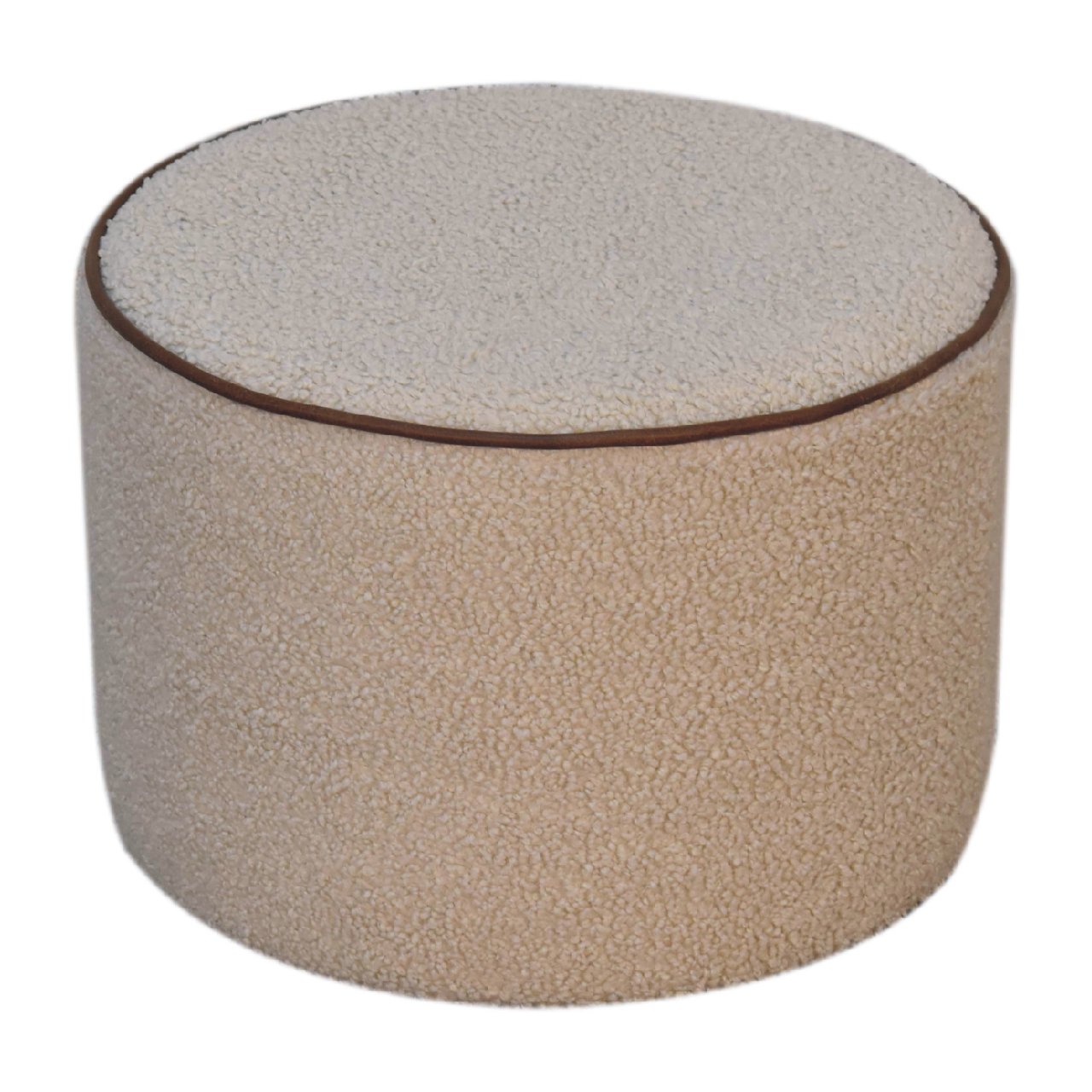 Solid Mango Wood Boucle with Leather Piping Large Round Stool - Image 2