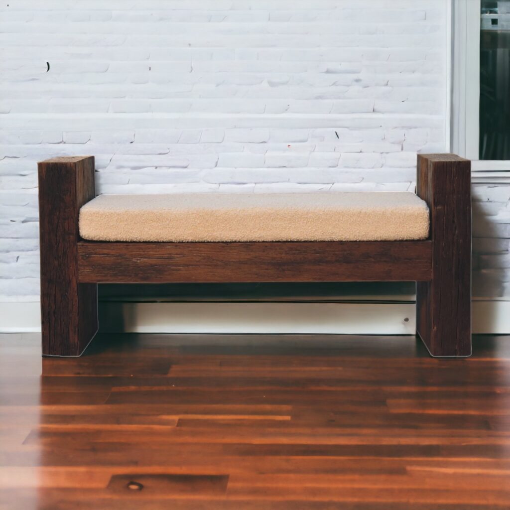 Solid Mango Wood Reclaimed Wood Chunky Cube Boucle Upholstered Bench