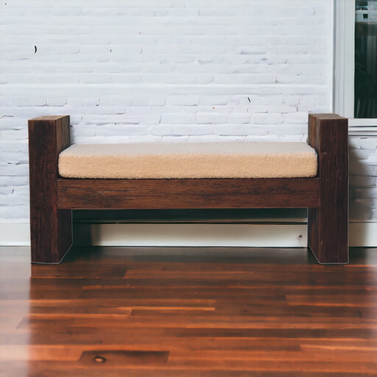 Solid Mango Wood Reclaimed Wood Chunky Cube Boucle Upholstered Bench