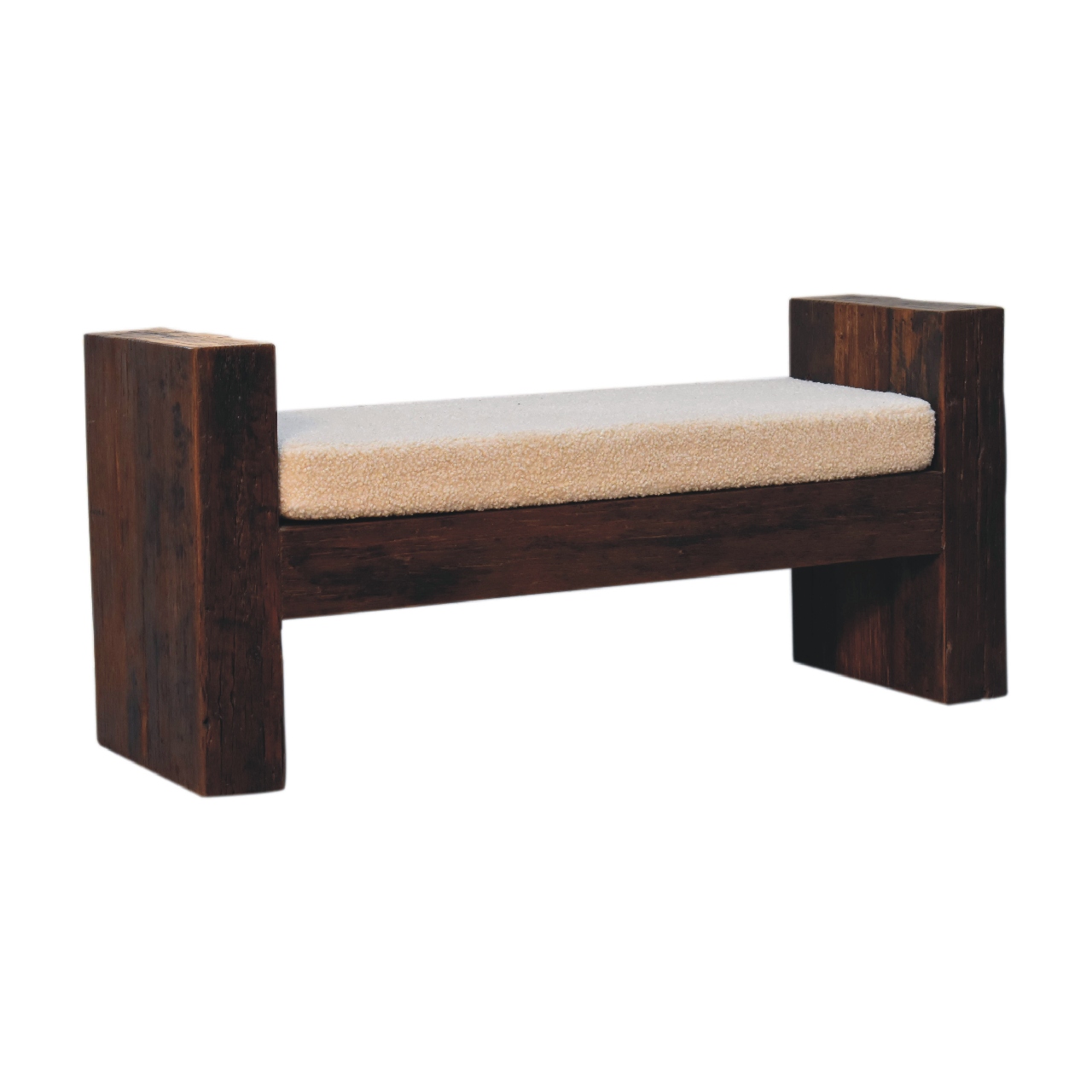 Solid Mango Wood Reclaimed Wood Chunky Cube Boucle Upholstered Bench - Image 2