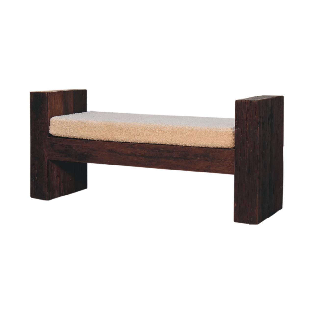 Solid Mango Wood Reclaimed Wood Chunky Cube Boucle Upholstered Bench - Image 3