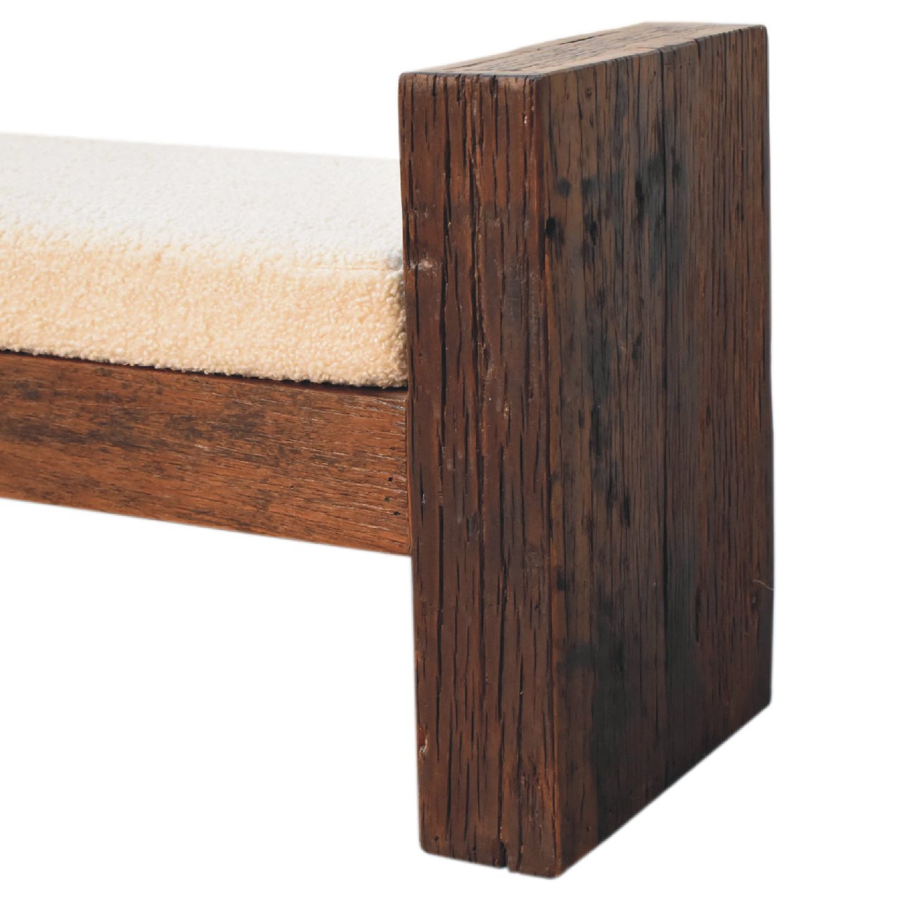 Solid Mango Wood Reclaimed Wood Chunky Cube Boucle Upholstered Bench - Image 4