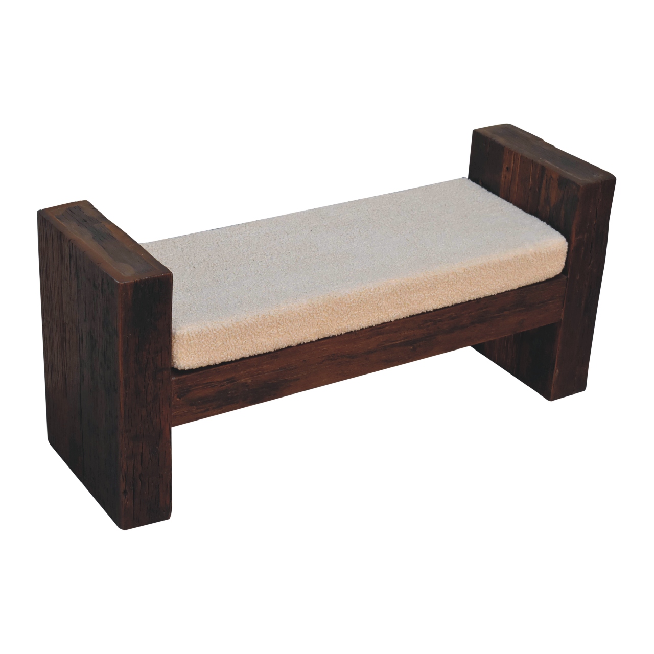 Solid Mango Wood Reclaimed Wood Chunky Cube Boucle Upholstered Bench - Image 5