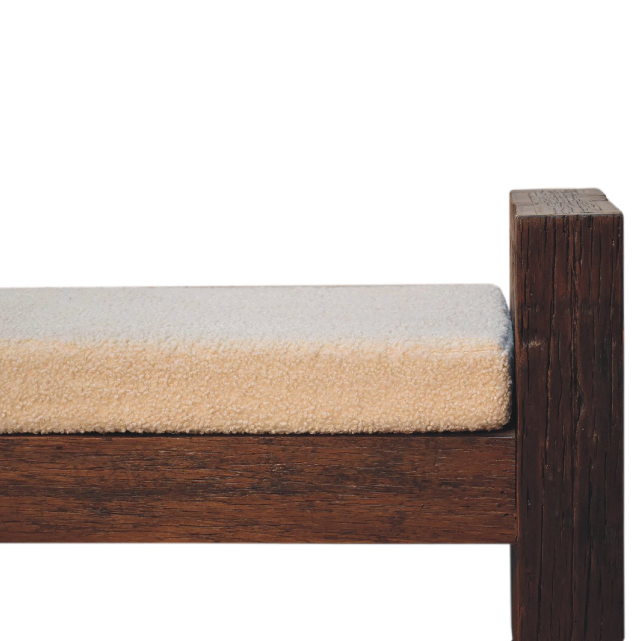 Solid Mango Wood Reclaimed Wood Chunky Cube Boucle Upholstered Bench - Image 6