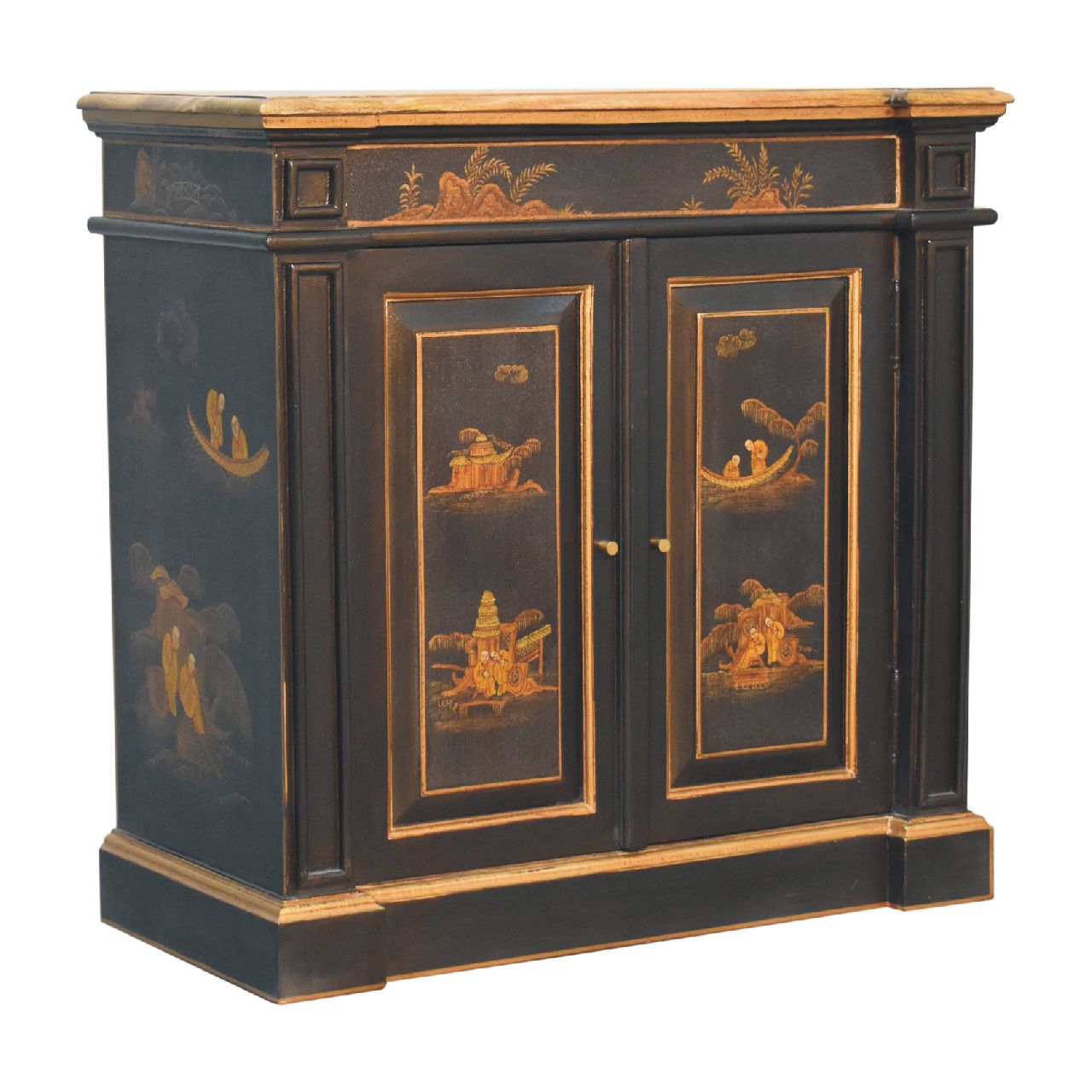 Solid Mango Wood Oriental Hand Painted 2 Door Wine Cabinet - Image 2