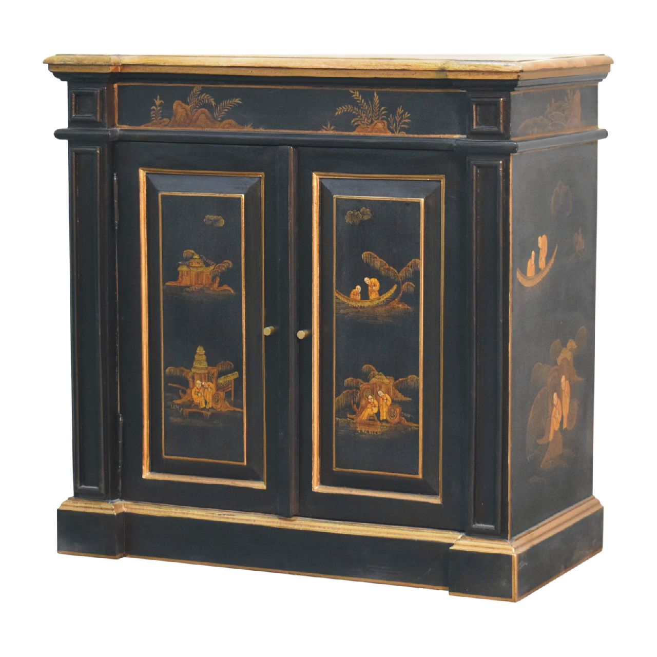 Solid Mango Wood Oriental Hand Painted 2 Door Wine Cabinet - Image 3