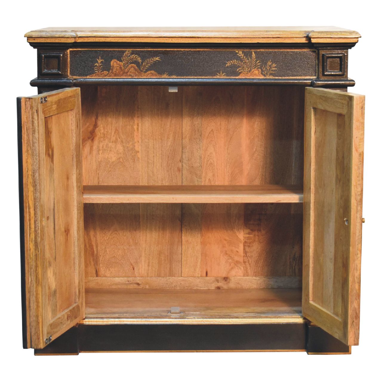 Solid Mango Wood Oriental Hand Painted 2 Door Wine Cabinet - Image 9