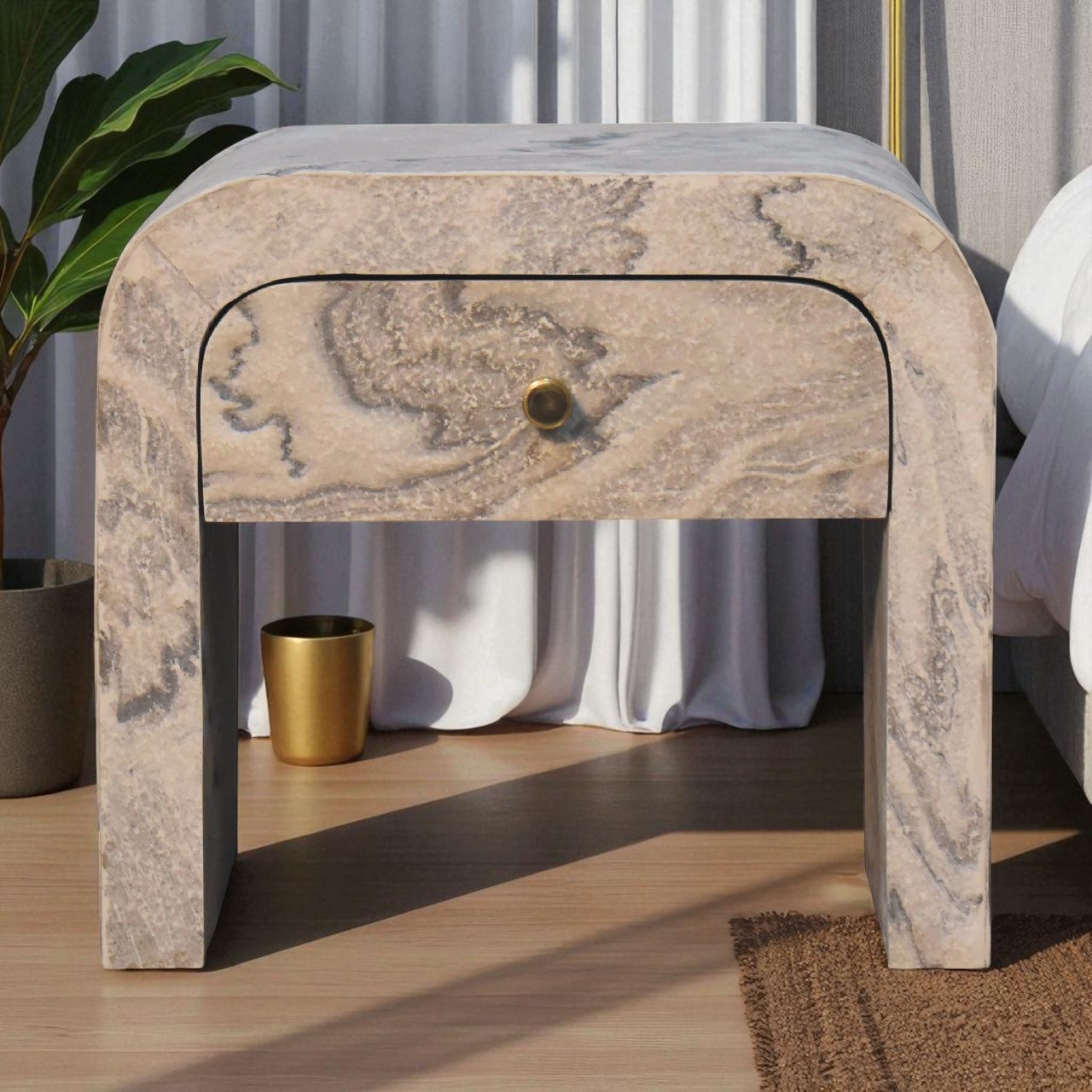 Solid Mango Wood Oak Finished Laminated Marble Stone Veneer 1 Drawer Bedside
