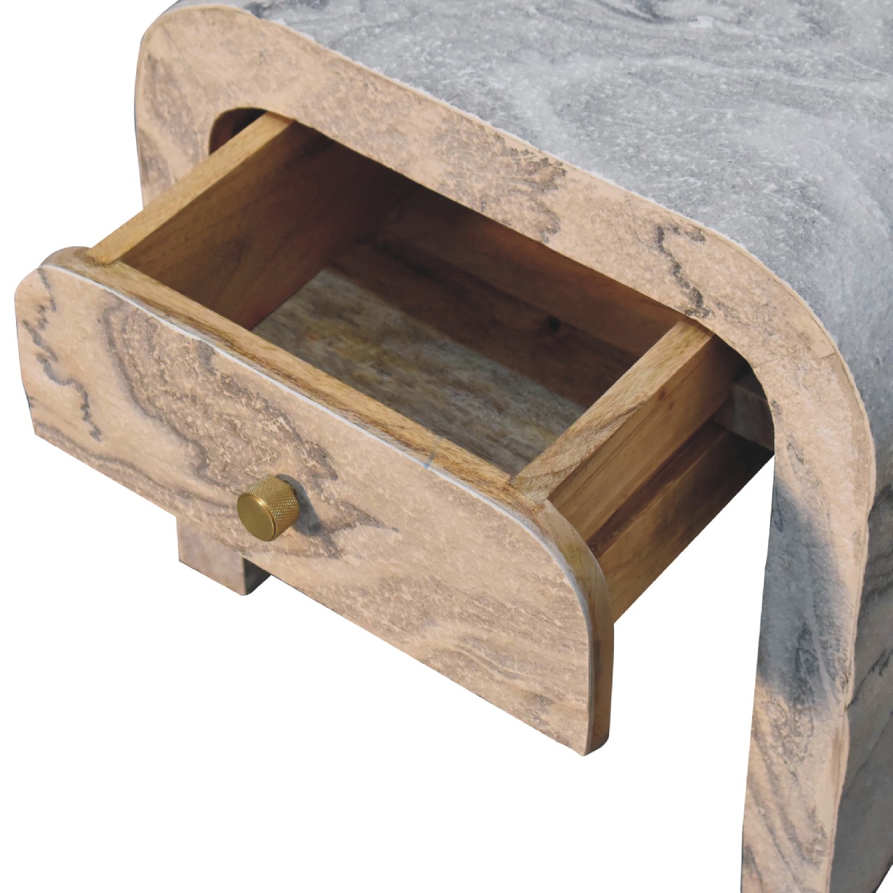 Solid Mango Wood Oak Finished Laminated Marble Stone Veneer 1 Drawer Bedside - Image 6