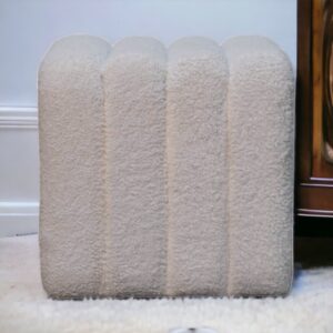 Solid Mango Wood White Boucle Upholstered Wavy Stool