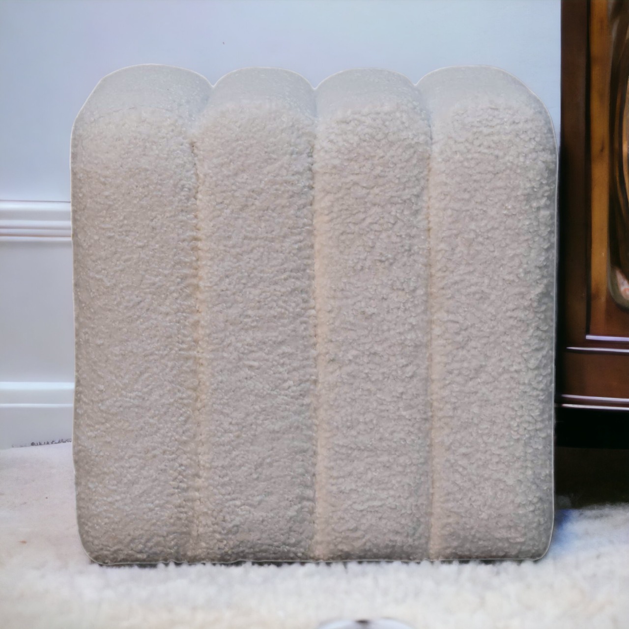 Solid Mango Wood White Boucle Upholstered Wavy Stool