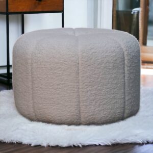 Solid Mango Wood White Boucle Upholstered Circle Stool