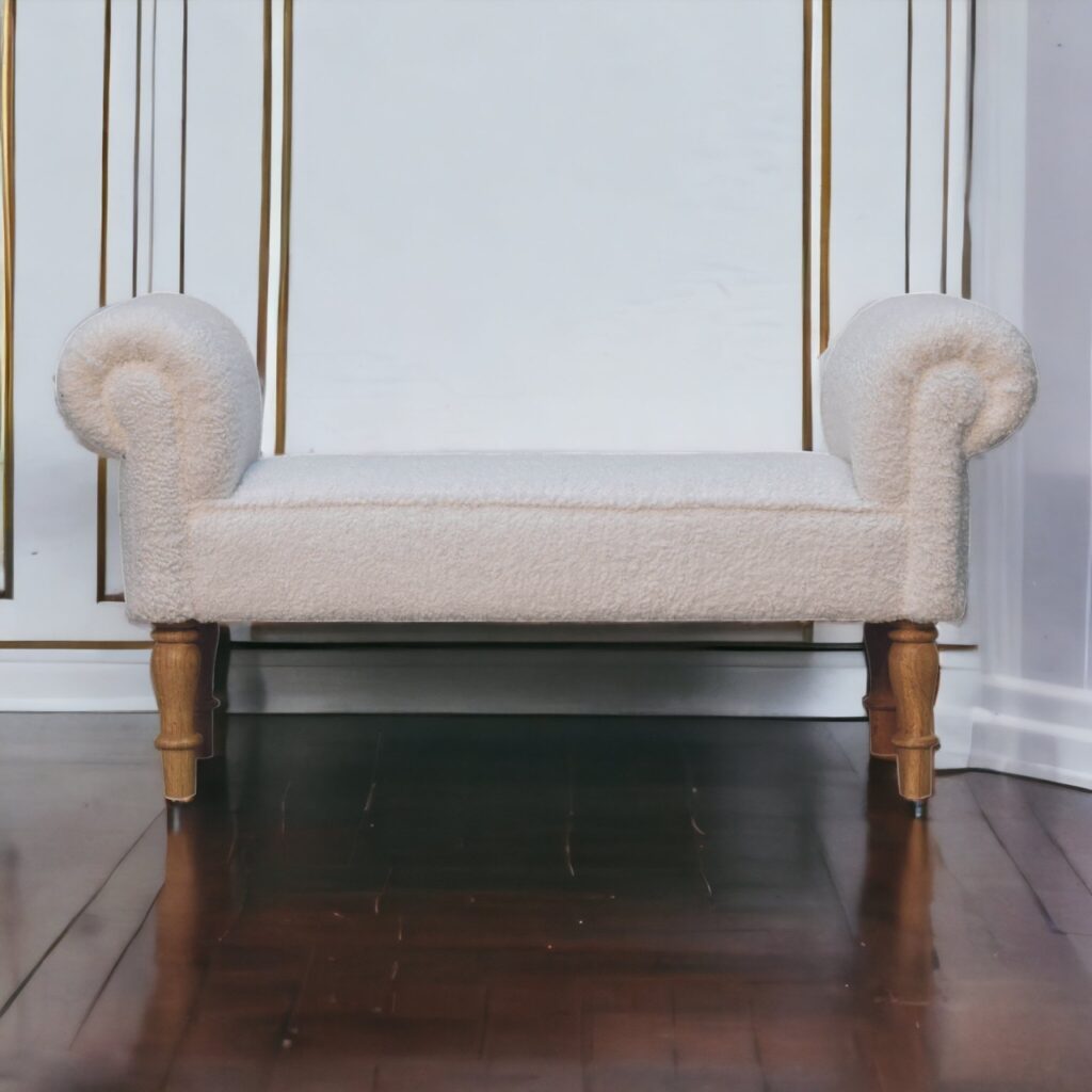 Solid Mango Wood White Boucle Upholstered Bench