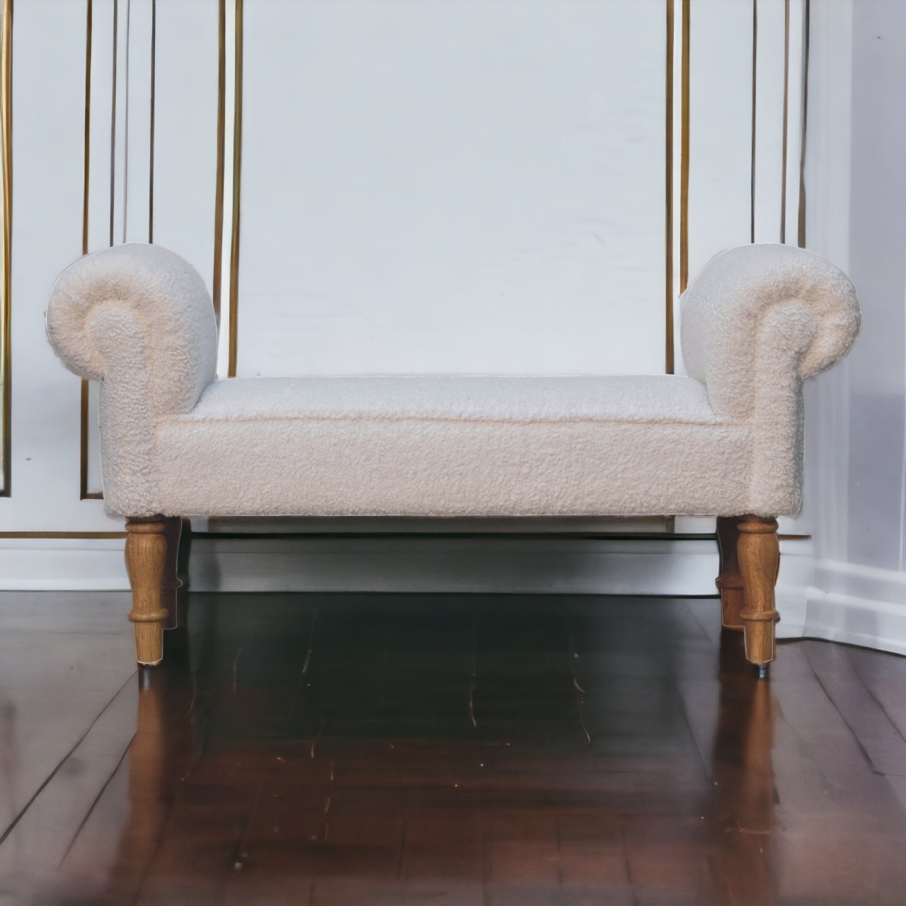Solid Mango Wood White Boucle Upholstered Bench