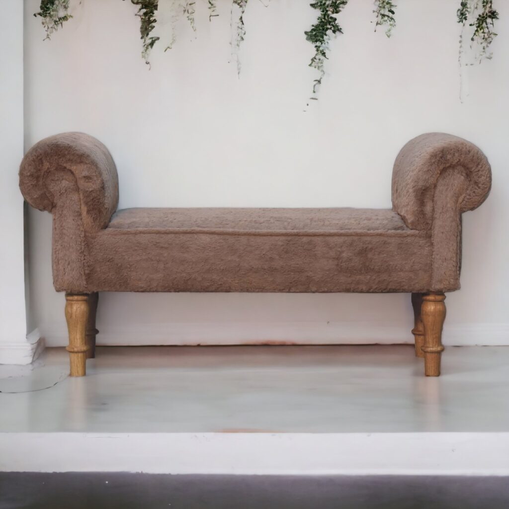 Solid Mango Wood Mocha Faux Fur Bedroom Bench