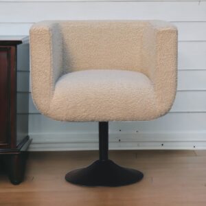 Solid Mango Wood Cream Boucle Upholstered Swivel Chair