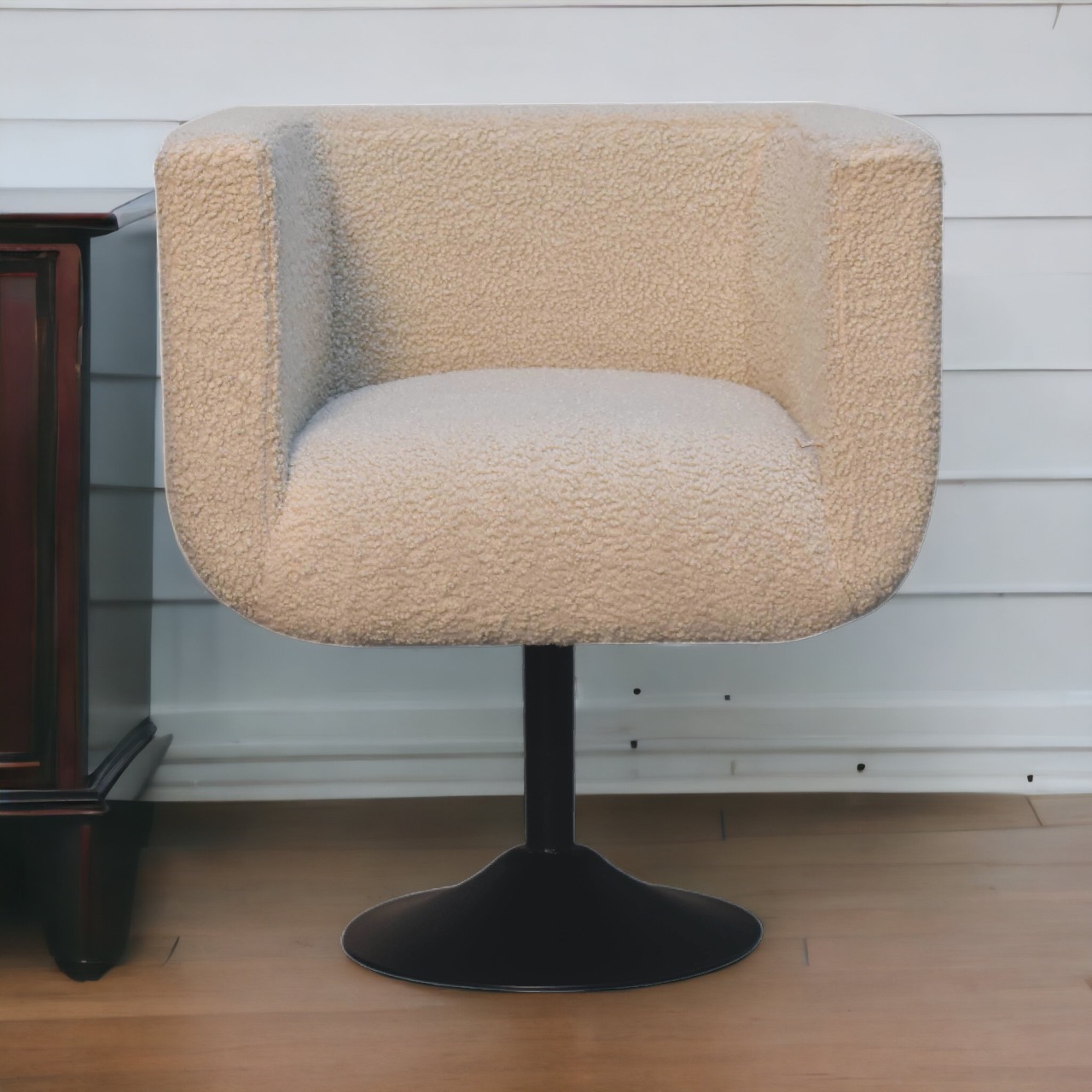 Solid Mango Wood Cream Boucle Upholstered Swivel Chair