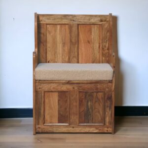 Solid Mango Wood Oak Finished Cream Boucle Upholstered Small Monks Bench
