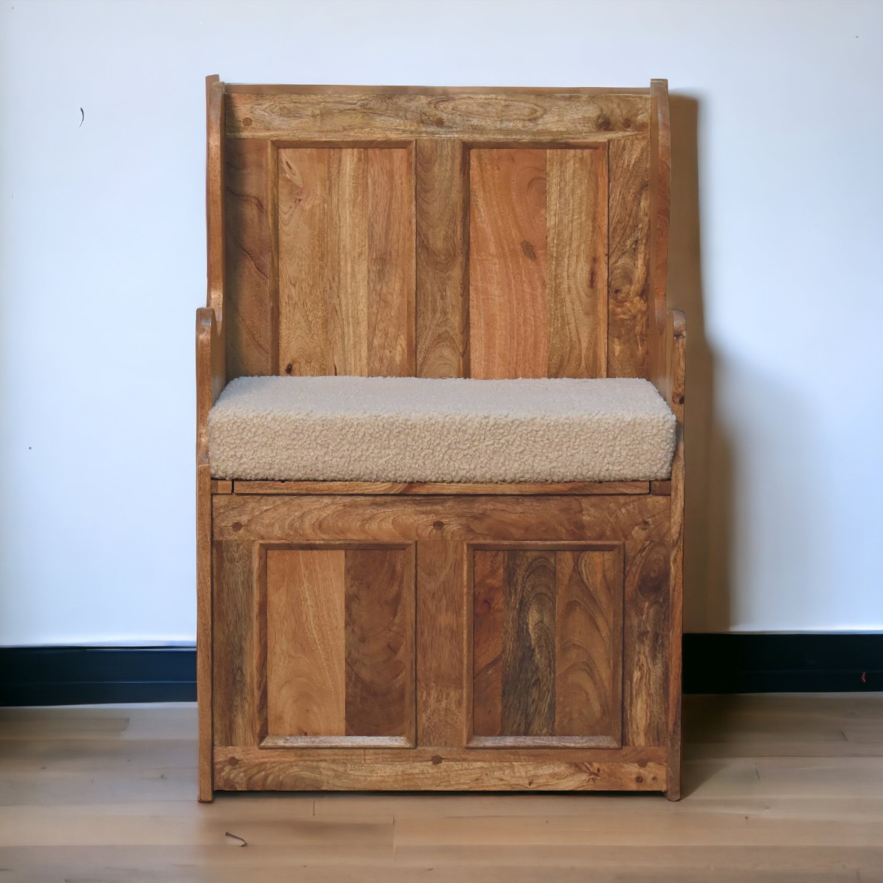Solid Mango Wood Oak Finished Cream Boucle Upholstered Small Monks Bench