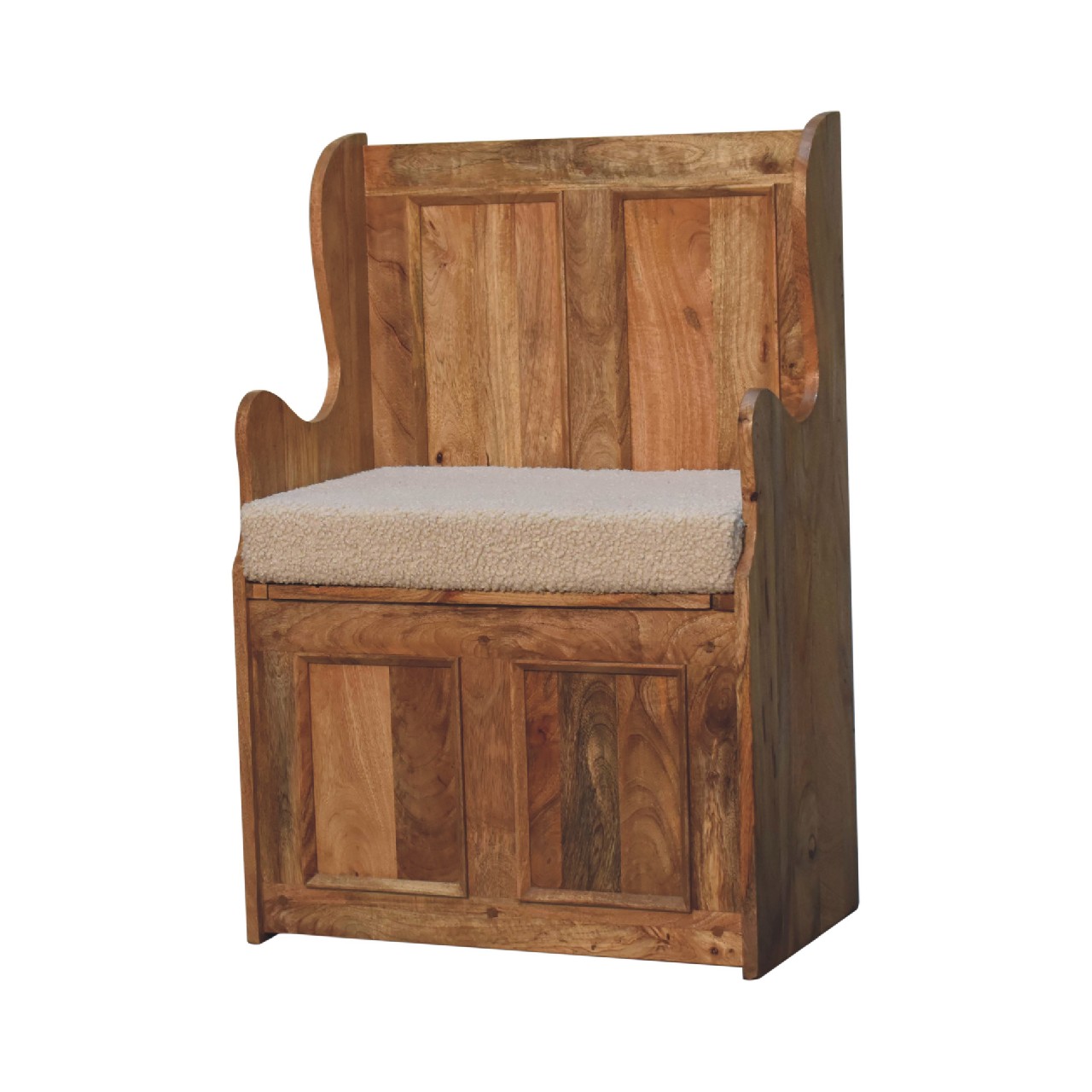 Solid Mango Wood Oak Finished Cream Boucle Upholstered Small Monks Bench - Image 2