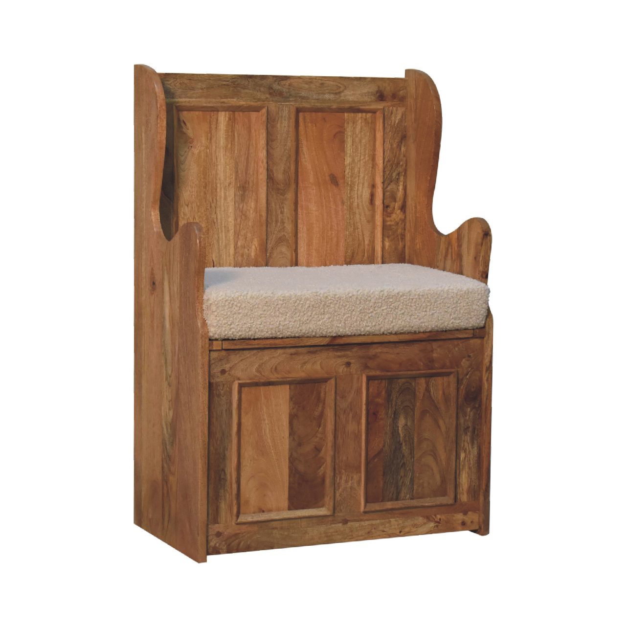 Solid Mango Wood Oak Finished Cream Boucle Upholstered Small Monks Bench - Image 3