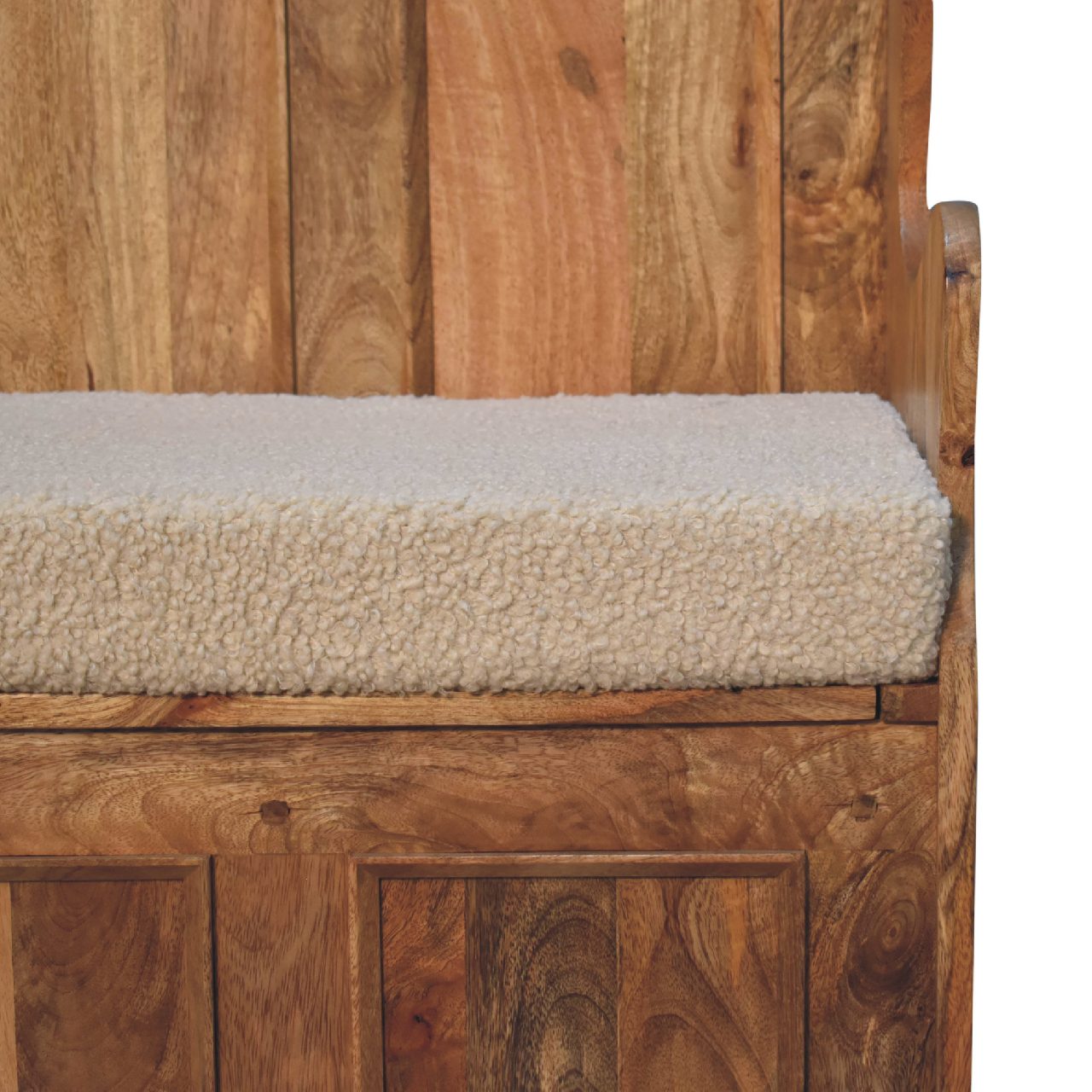 Solid Mango Wood Oak Finished Cream Boucle Upholstered Small Monks Bench - Image 4