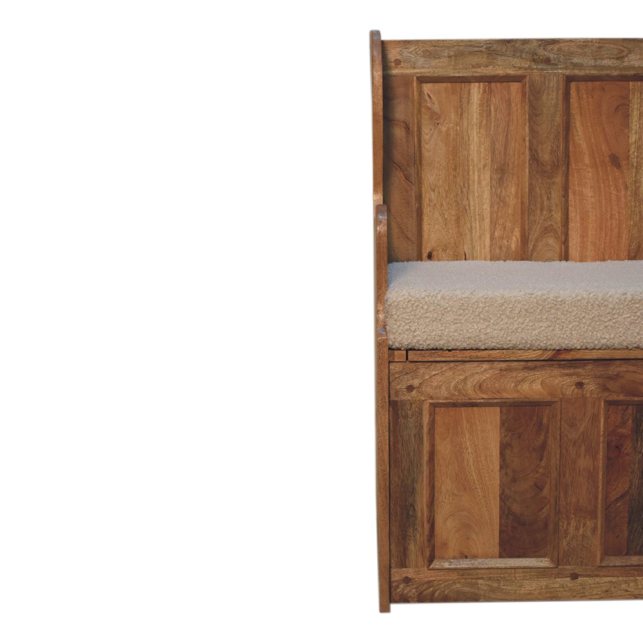 Solid Mango Wood Oak Finished Cream Boucle Upholstered Small Monks Bench - Image 5