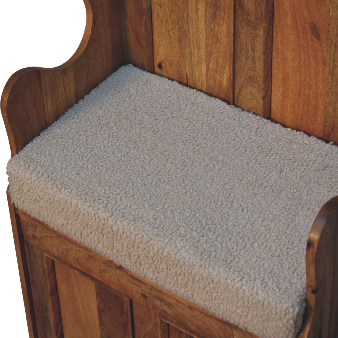 Solid Mango Wood Oak Finished Cream Boucle Upholstered Small Monks Bench - Image 6