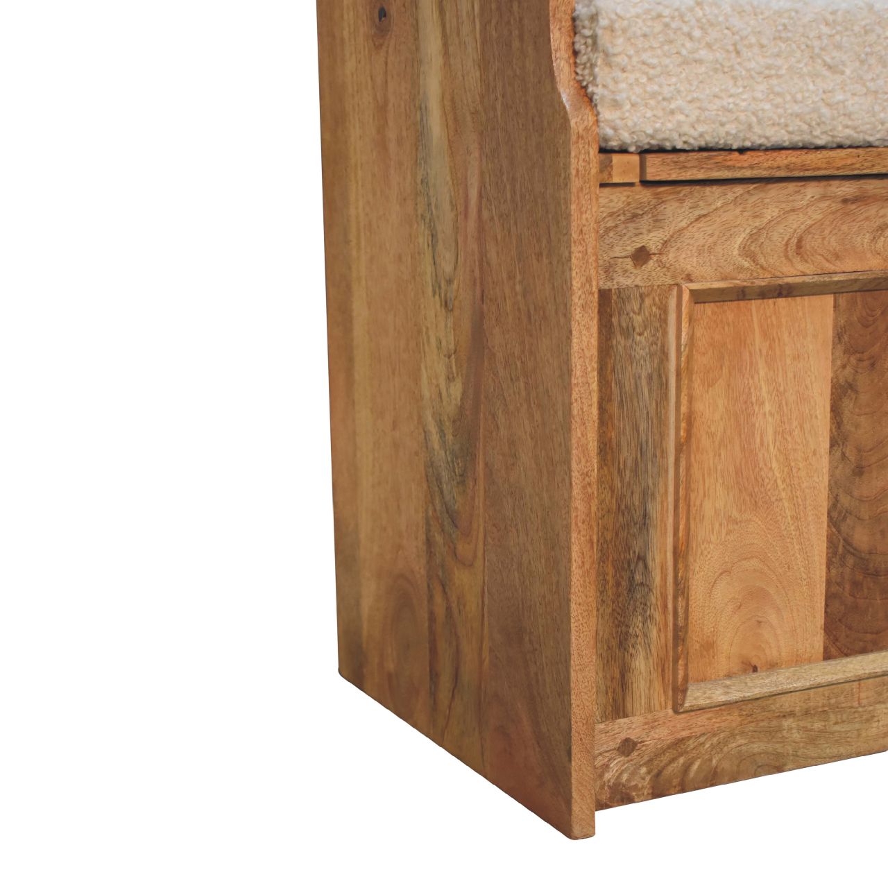 Solid Mango Wood Oak Finished Cream Boucle Upholstered Small Monks Bench - Image 7