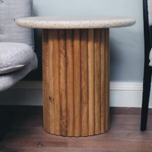 Solid Mango Wood Oak and Terrazzo Finished Ridged Edge Serenity End Table