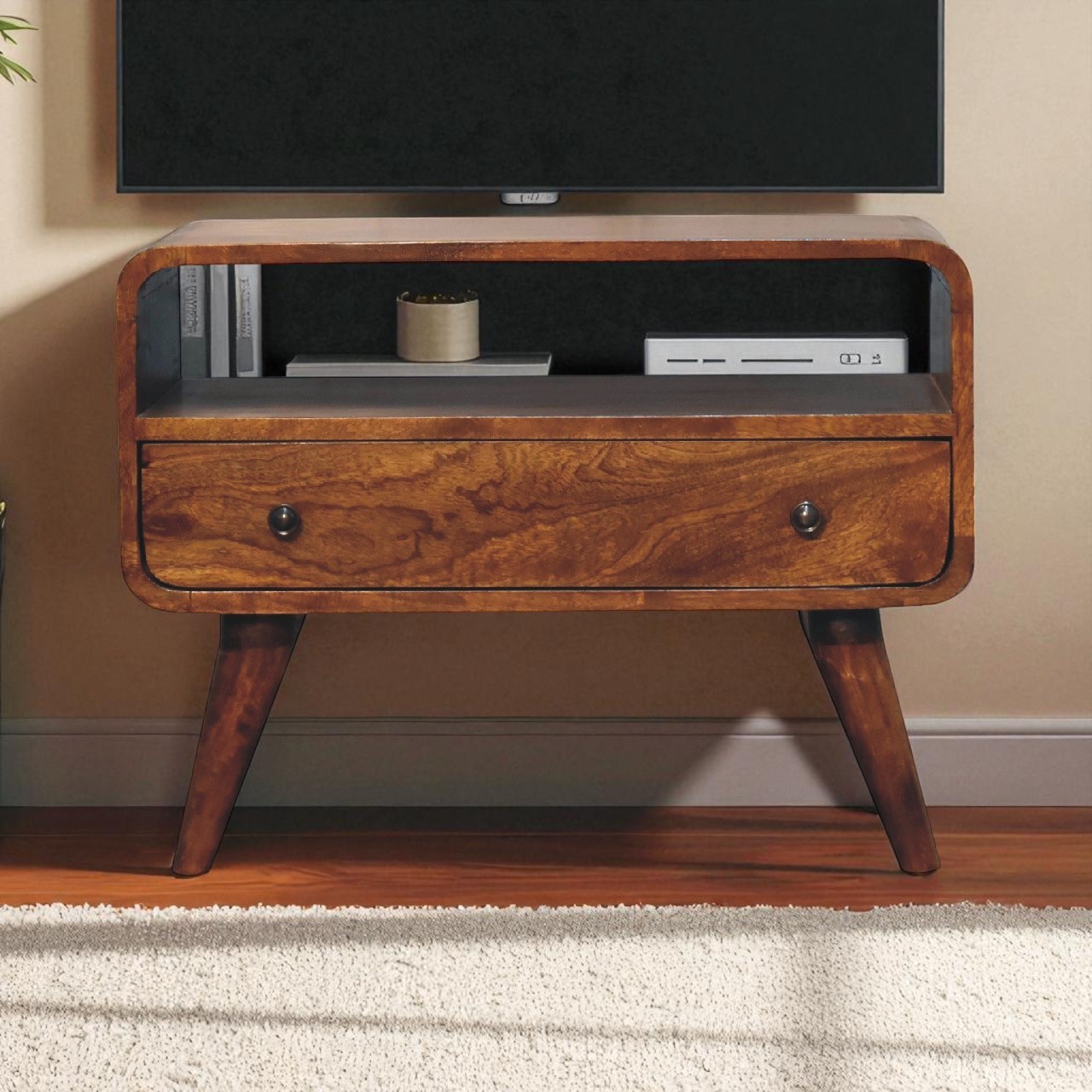 Solid Mango Wood Mini Chestnut Finished 1 Drawer Curved Media Unit