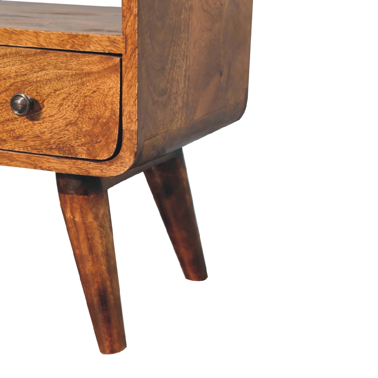 Solid Mango Wood Mini Chestnut Finished 1 Drawer Curved Media Unit - Image 7