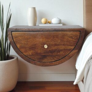 Solid Mango Wood Chestnut Finished Crescent Floating Wall Mounted Bedside