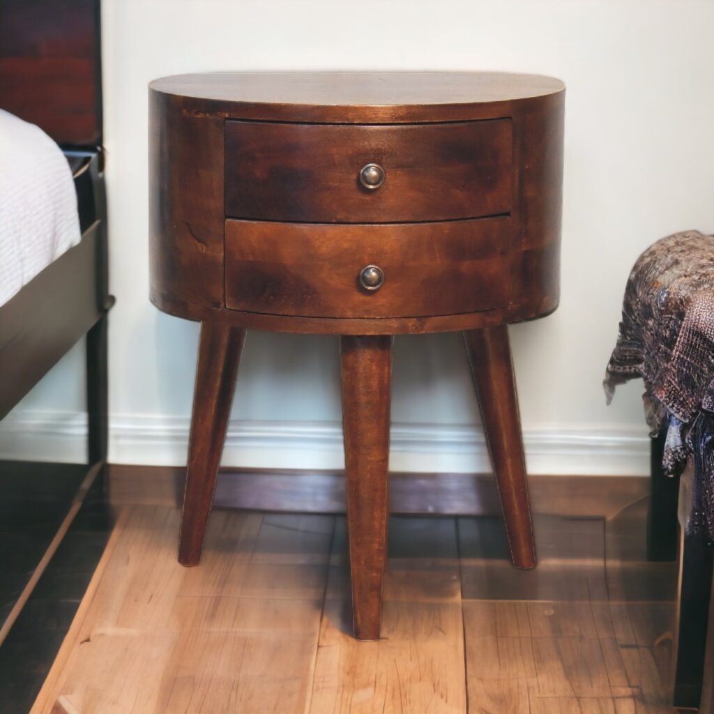 Solid Mango Wood Chestnut Finished 2 Drawer Half Moon Tripod Odyssey Bedside