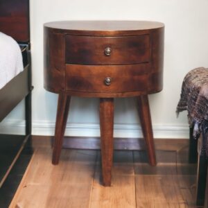 Solid Mango Wood Chestnut Finished 2 Drawer Half Moon Tripod Odyssey Bedside
