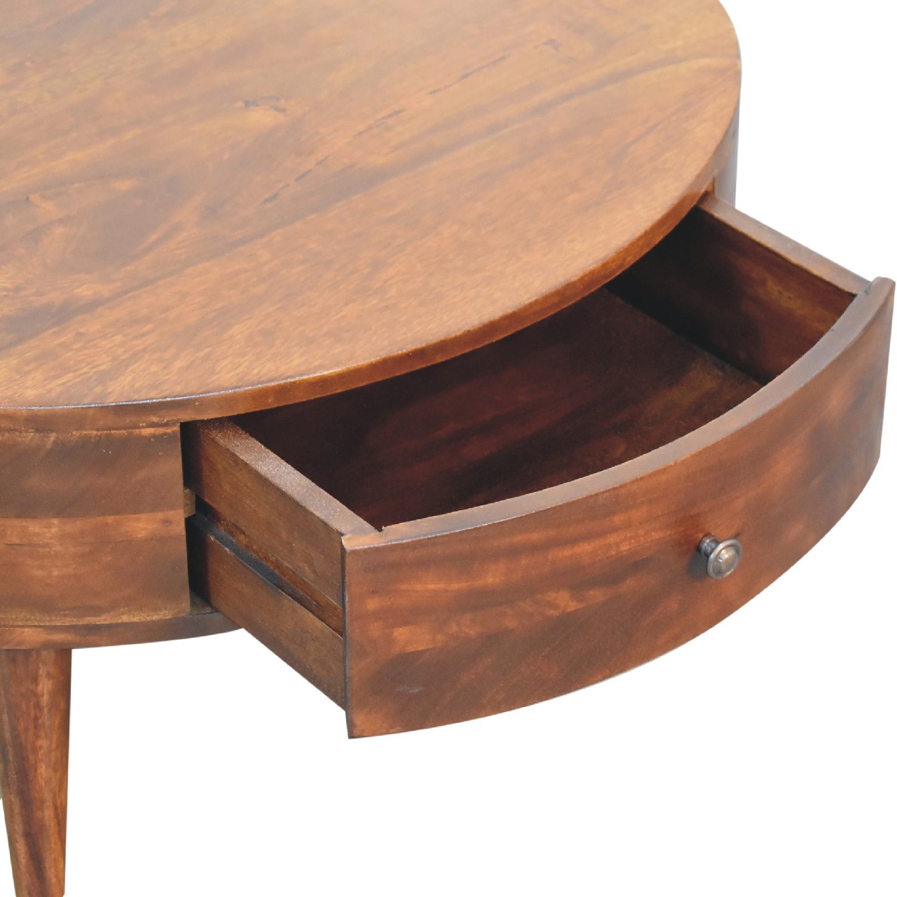 Solid Mango Wood Chestnut Finished 2 Drawer Odyssey Round Coffee Table - Image 5