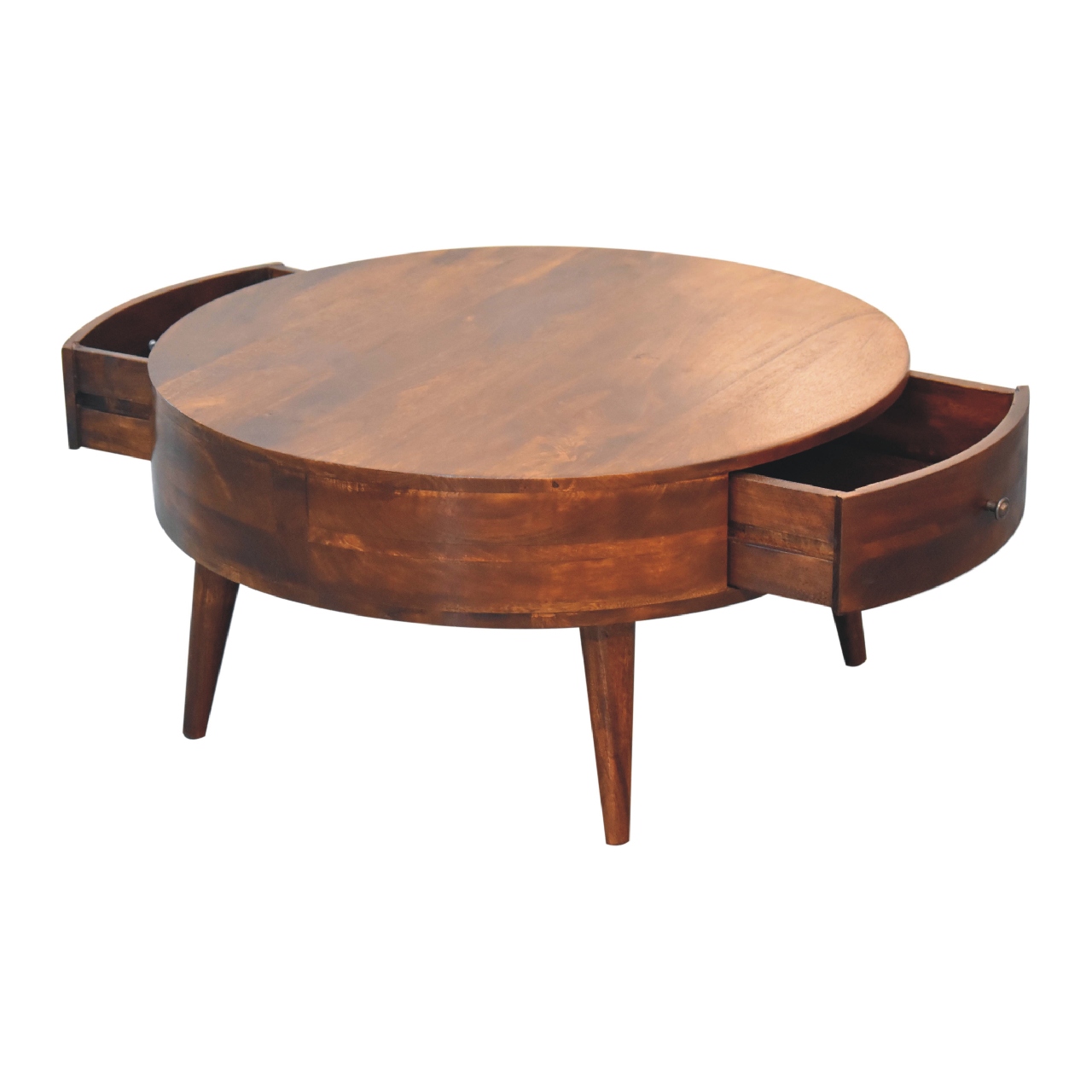 Solid Mango Wood Chestnut Finished 2 Drawer Odyssey Round Coffee Table - Image 6