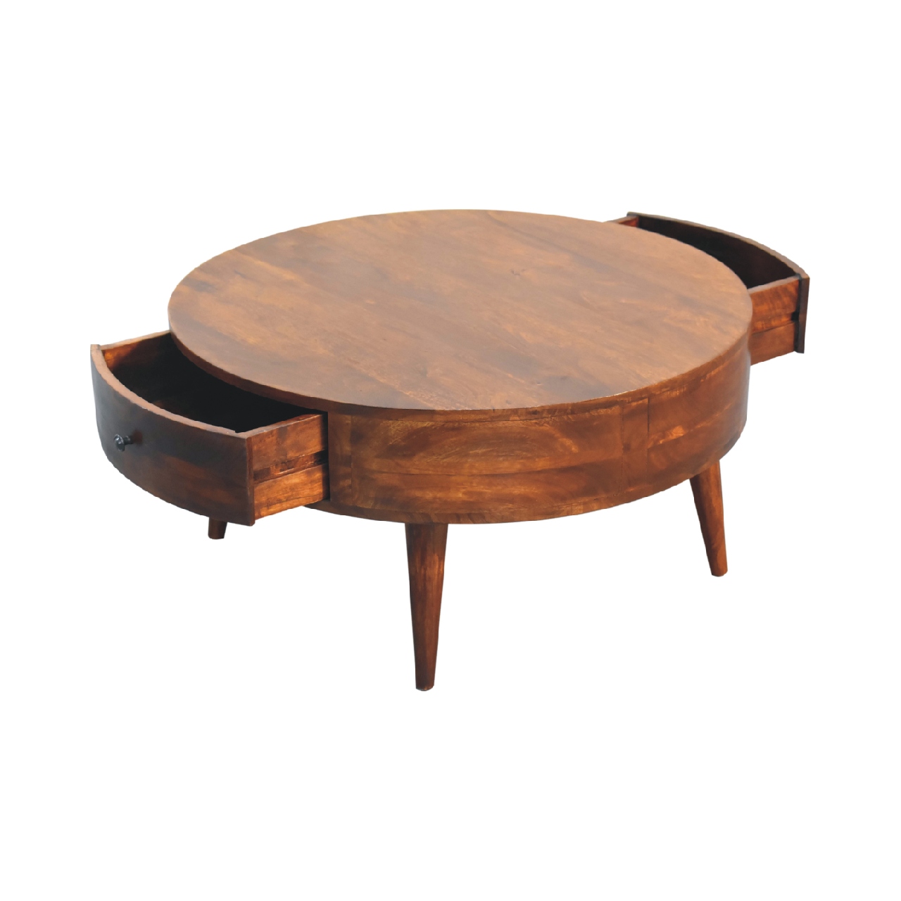 Solid Mango Wood Chestnut Finished 2 Drawer Odyssey Round Coffee Table - Image 7